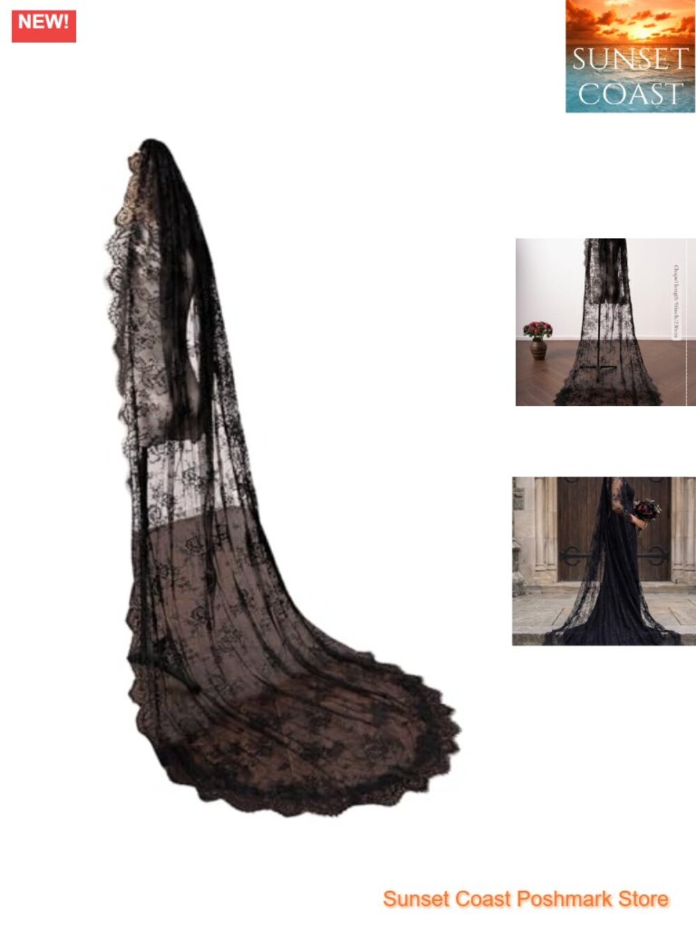 Black Lace Cathedral Chapel Bridal Veil with Metal Comb Gothic Wedding